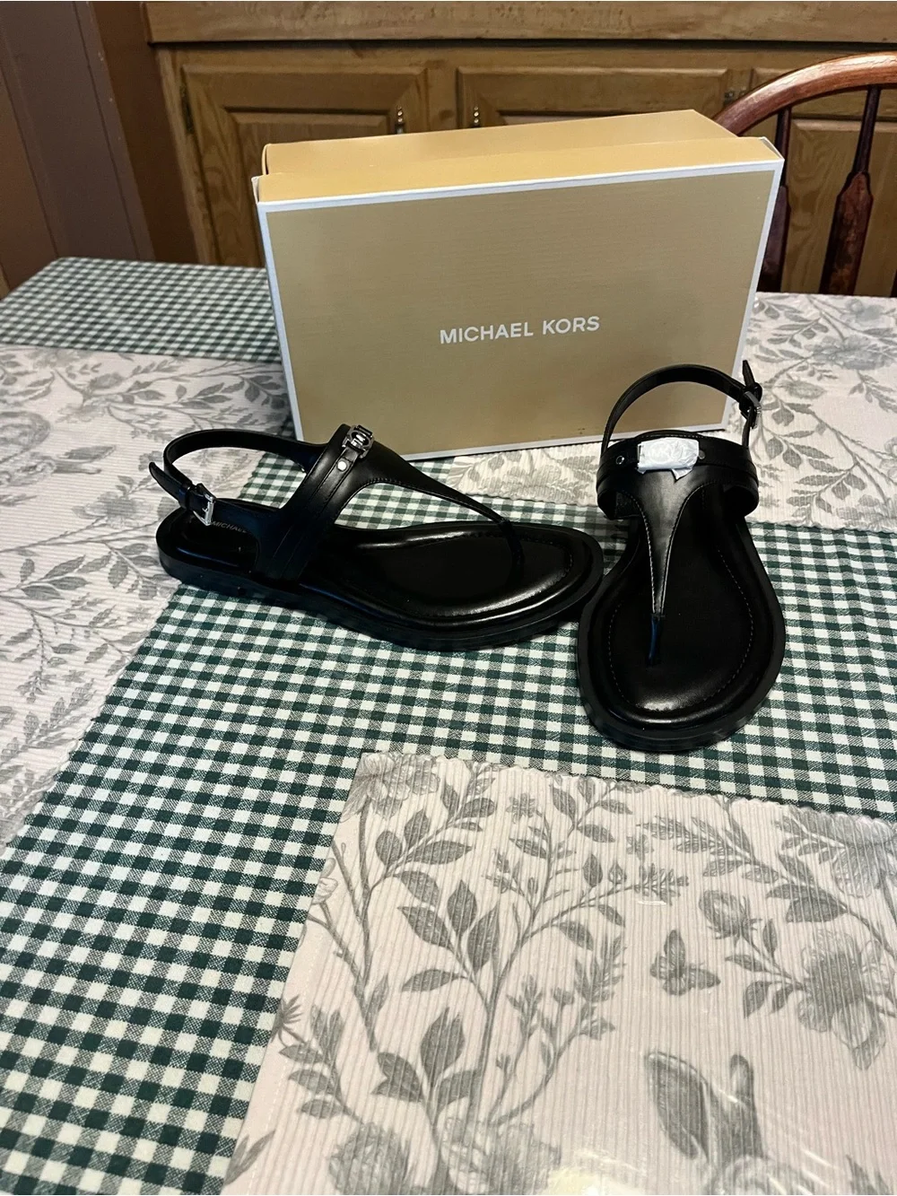 Michael Kors Black Leather T-Strap Sandals with MK Emblem